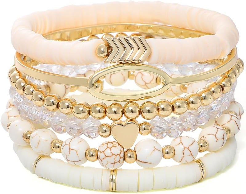 GOOJIDS Surfer Heishi Clay Bead Bracelets for Women Bohemian Stackable Gold Plated Beaded Stretch Bracelets Elastic Layering Friendship Bracelets Set Boho Jewelry - Image 1